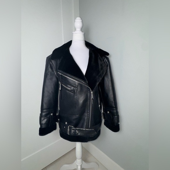 Rebecca Minkoff Faux Leather & Faux Shealing Moto Jacket/ Size Medium - Picture 3 of 7